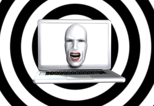 Abstract image showing a screaming face coming out of a laptop screen.
