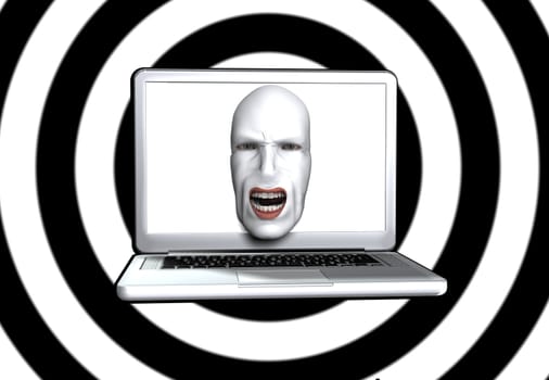 Abstract image showing a screaming face coming out of a laptop screen.
