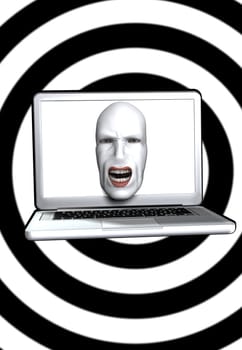 Abstract image showing a screaming face coming out of a laptop screen.
