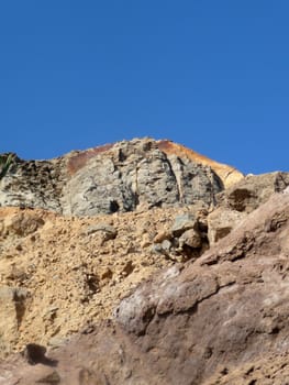 Some costal Cliffside rock against a blue sky.