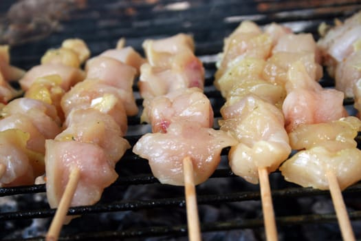 raw meat on wooden sticks ready for barbecue