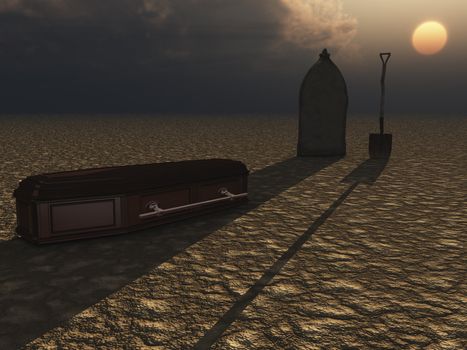 graveyard illustration with headstone casket and spade