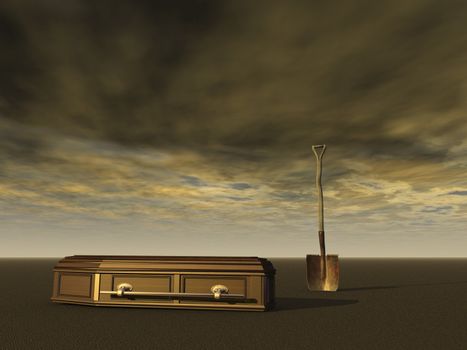 graveyard illustration with casket and spade