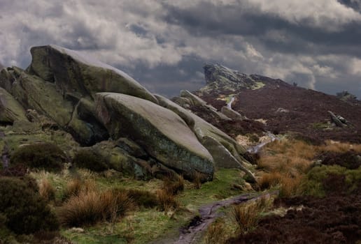 The moorland scenery at Ramshaw Rocks in staffordshire, England.