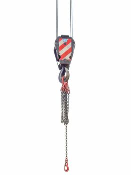 Lifting hook attached to sheave suspended by wire rope from a boom of crane - isolated on white background