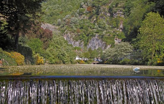 The pool and waterfall at Cheddar Gorge in Somerset, England.