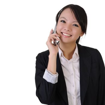 Happy smiling young business woman with cellphone, closeup portrait with copyspace in white.