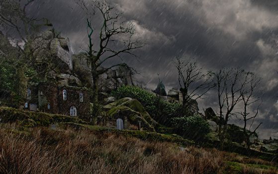 Storm clouds and heavy rain at Rock cottage, the Roaches, Staffordshire, England.
