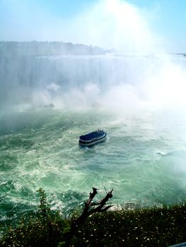 View of Niagara falls from Canada with boat.