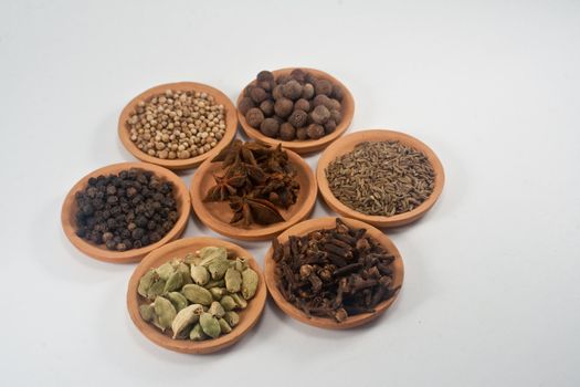Tiny round terracotta bowls of individual spices on white background