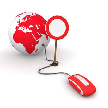 red computer mouse is connected to a red globe - surfing and browsing is blocked by a red-white no passing sign that cuts the cable