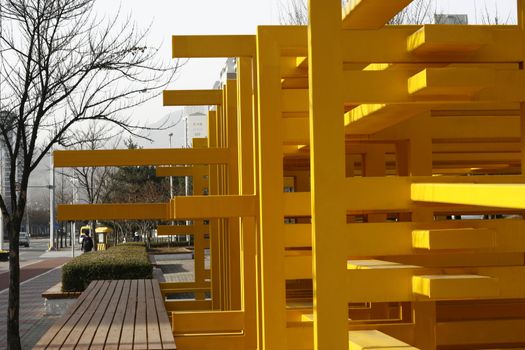 Steel scaffolding artworks in bright yellow color located in Seoul Korea