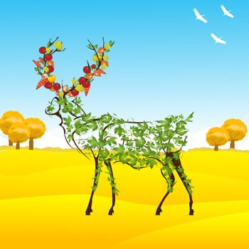 Conceptual autumn illustration with a stylized deer with leaves and vegetables between horns