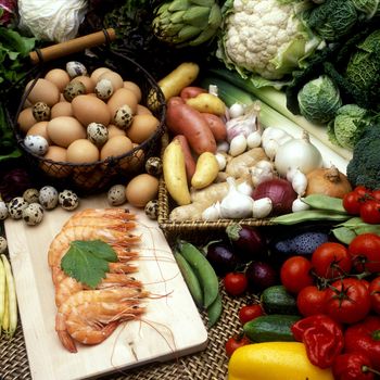 vegetables still life with prawns