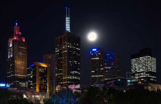 Night Brisbane. A night city in a full moon with burning fires, signboards, lanterns...