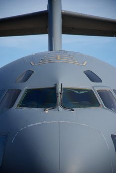A close-up showing the nose and tail of an Air Force cargo jet