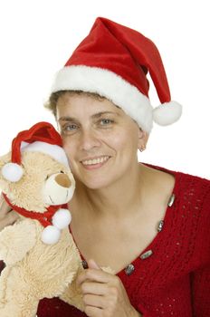 	woman in a Santa Claus hat on white background