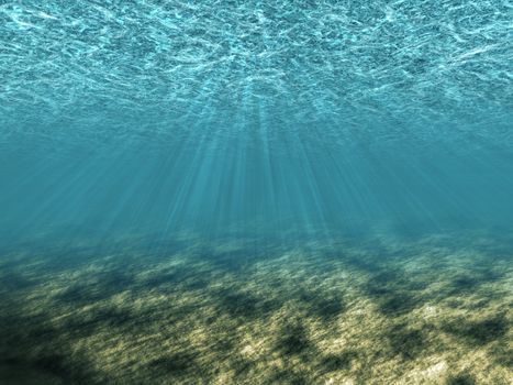 We see abstract illustration of underwater with sun light