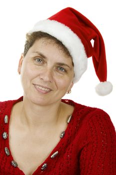 	woman in a Santa Claus hat on white background