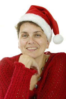 	woman in a Santa Claus hat on white background