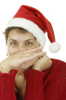 	woman in a Santa Claus hat on white background