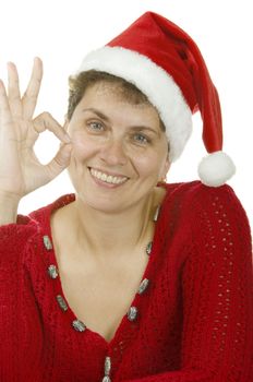 	woman in a Santa Claus hat on white background