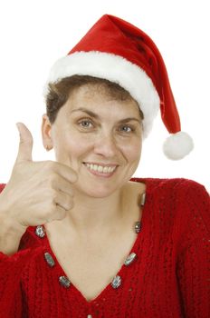 	woman in a Santa Claus hat on white background