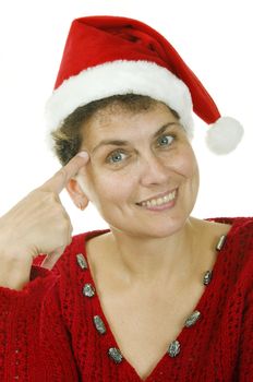 woman in a Santa Claus hat on white background
