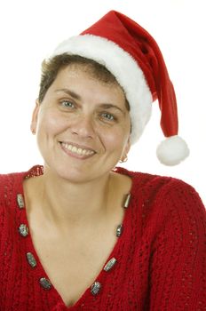 	woman in a Santa Claus hat on white background