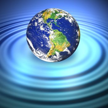 Our planet Earth floating in blue water with ripples.  Great to illustrate a variety of concepts. Earth photo courtesy of NASA.