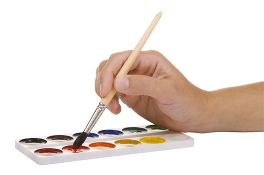 watercolors and hand with a paintbrush on a white background