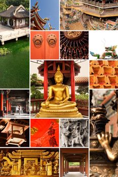 Chinese temple collection, religious concept with traditional craving and buildings.