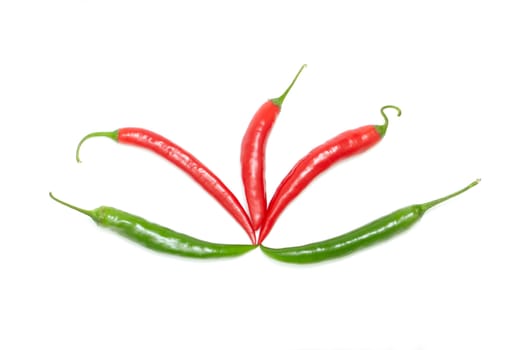 Colored chili peppers on a white background