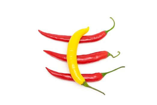 Four chili peppers on a white background