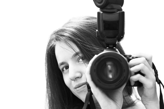 Young girl with camera in black and white