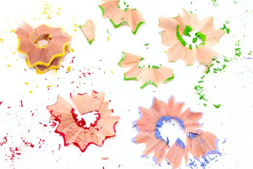 Colored pencil shavings isolated on wwhite