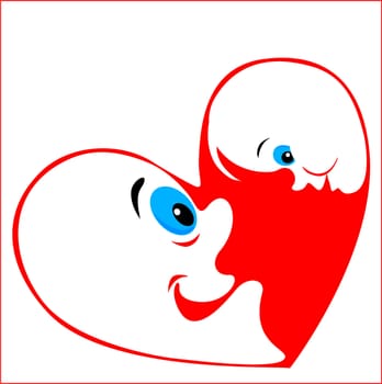 red heart, white silhouettes, silhouette of a child's head and men, the silhouettes of people, blue eyes, a symbol of love, smiling broadly, happy faces, happy, fatherly tenderness, expression of feelings, positive emotions