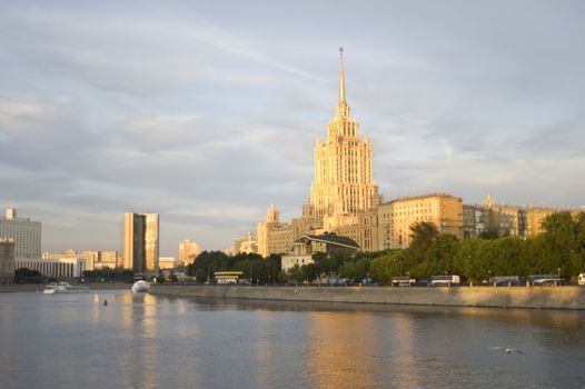 Hotel Ukraine and the Moscow River in the sunset. Moscow