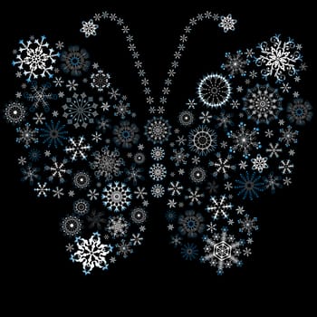 White-blue christmas snowflake-butterfly on black