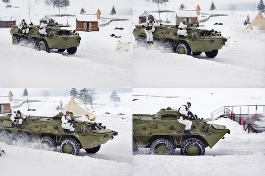 Serial shooting - soldiers jump from a going armoured troop-carrier