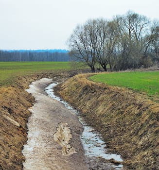Ditch passing through an agricultural field with the snow