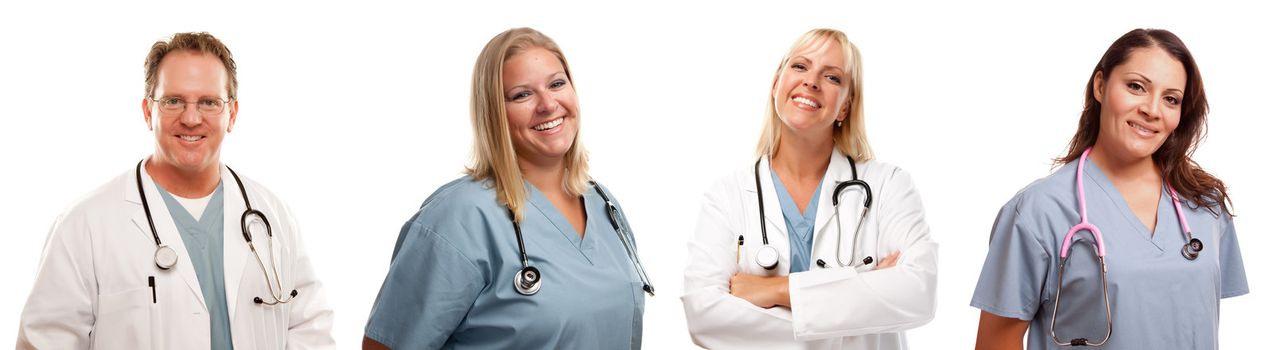 Set of Four Smiling Male and Female Doctors or Nurses Each Isolated on a White Background.