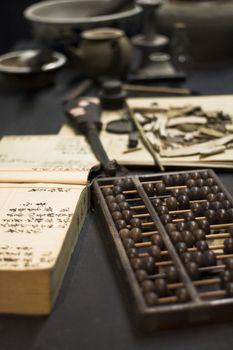 abacus and book on the table in a chinese old shop