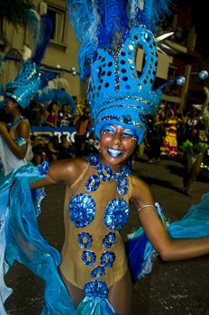 MONTEVIDEO, URUGUAY - JANUARY 31 2010 : A costumed carnaval participant in the annual national festival of Uruguay ,held in Montevideo Uruguay on January 31 2010 