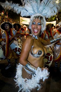 MONTEVIDEO, URUGUAY - JANUARY 31 2010 : A costumed carnaval participant in the annual national festival of Uruguay ,held in Montevideo Uruguay on January 31 2010 