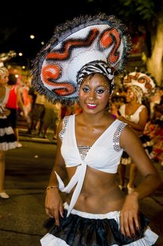 MONTEVIDEO, URUGUAY - JANUARY 31 2010 : A costumed carnaval participant in the annual national festival of Uruguay ,held in Montevideo Uruguay on January 31 2010 