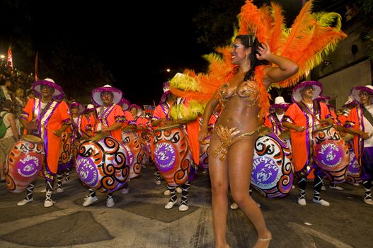 MONTEVIDEO, URUGUAY - JANUARY 31 2010 : A costumed carnaval participants in the annual national festival of Uruguay ,held in Montevideo Uruguay on January 31 2010 