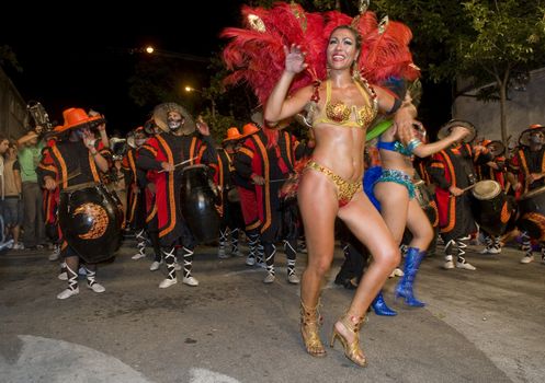 MONTEVIDEO, URUGUAY - JANUARY 31 2010 : A costumed carnaval participants in the annual national festival of Uruguay ,held in Montevideo Uruguay on January 31 2010 