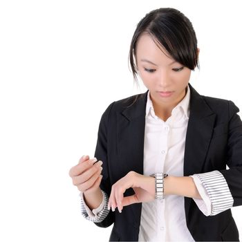 Business woman check time with surprised expression against white background.