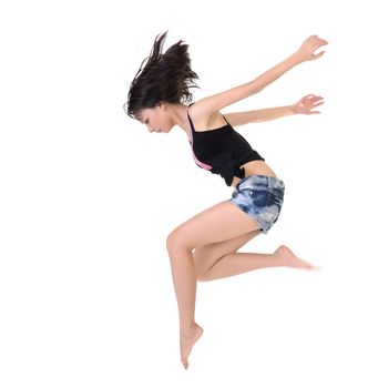 Modern stylish young beauty dancing and posing on white background.